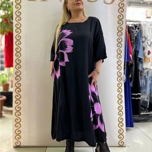 Chic Asymmetrical Black Dress with WHIte flowers last dress